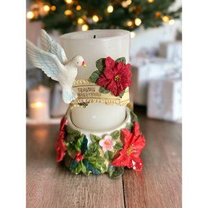 Vintage Poinsettia Floral Pillar Candle Holder w/Seasons Greetings add-on Dove**